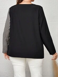 EMERY ROSE Talla grande Blusa con estampado de rayas bajo asimétrico - Blanco y Negro - Ver 2
