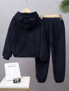 SHEIN 青少年男孩休闲贴布羊毛连帽运动衫和慢跑裤两件套 - 藏蓝色 - 查看 2