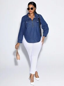 SHEIN Plus Half Zip Flap Pocket Curved Hem Denim Top - Dark Wash - View 5