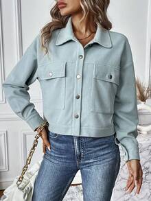 SHEIN LUNE Flap Pocket Drop Shoulder Jacket - Blue - View 6
