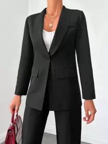 EURMUSE Solid Single Button Blazer & Pants - Black - View 5