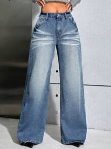 SHEIN ICON 高腰闊腿牛仔褲 - 黑色 - 查看 1