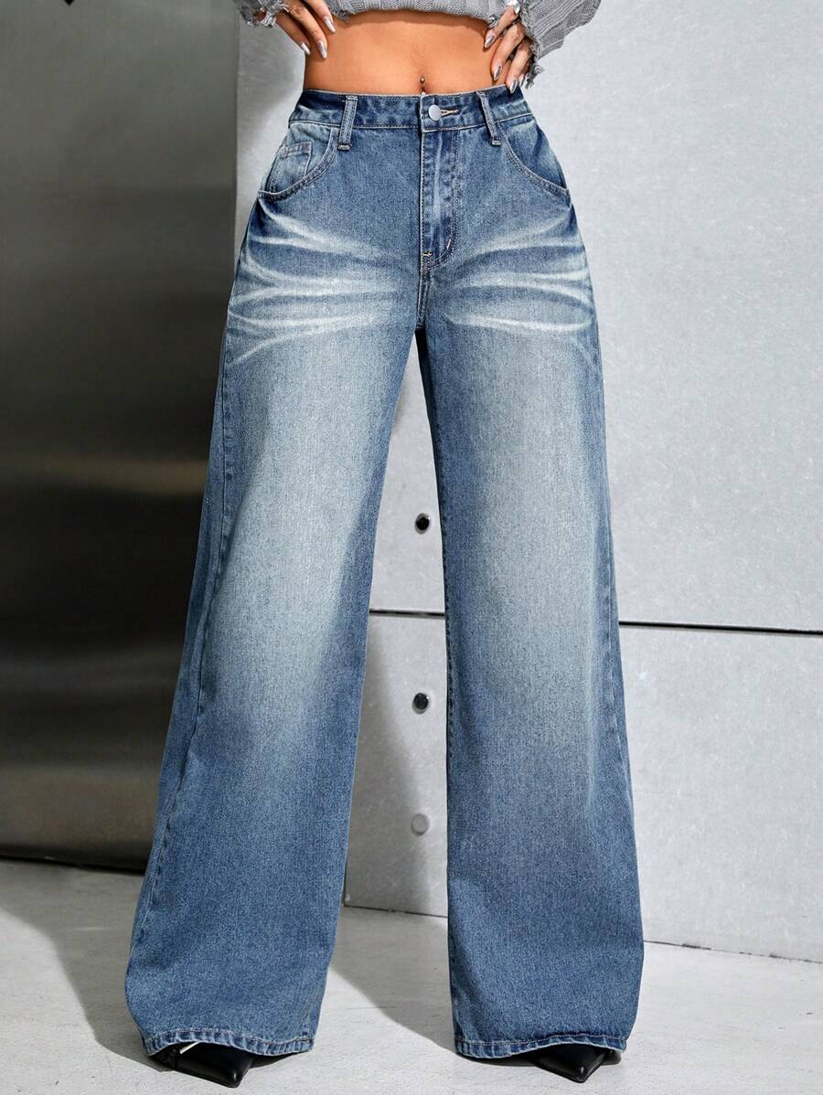 SHEIN ICON 高腰闊腿牛仔褲 - 黑色 - 查看 1