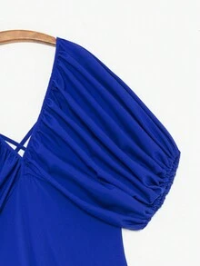 SHEIN Swim Solid Ruched Bust Puff Sleeve Dress - Royal Blue - View 5