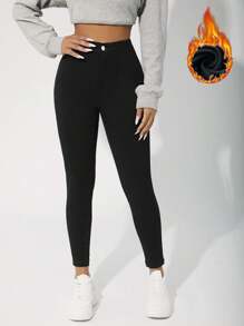 SHEIN EZwear Brushed Fabric Thermal High Waist Skinny Cropped Jeans Thickened Denim - Black - View 1