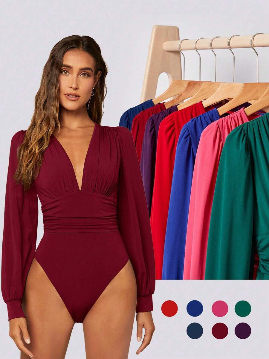 BizChic Women's Solid Color Deep V-Neck Angora Red Elastic Pleated Lantern Sleeve Long Sleeve Bodysuit, Elegant And Fashionable Workwear, Commuter Outfit, Suitable For Business Casual, Concerts, Mature And Refined