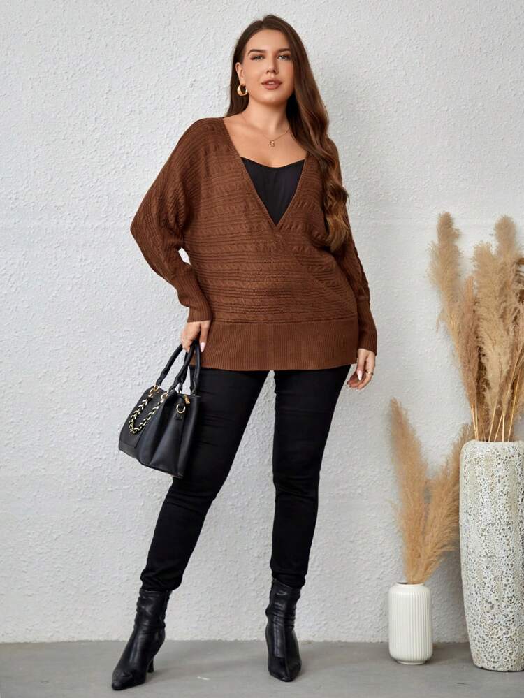 Plus Surplice Neck Batwing Sleeve Wrap Cross Wrap Sweater Without tee