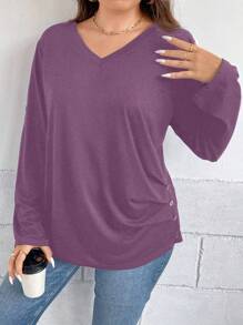 SHEIN Clasi Plus Size Fall Women Clothes Apricot V-Neck Texture Small Plaid Fabric Casual Long Sleeve Teacher T Shirt Fall Women Clothes - Purple - View 3