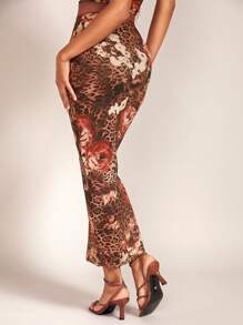 SHEIN BAE Leopard & Floral Print Pencil Skirt - Brown - View 3