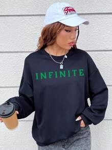 STROM NIGHT 艺术家字母图案落肩运动衫，适合假期、冬季、度假、节日 - 藏蓝色 - 查看 4