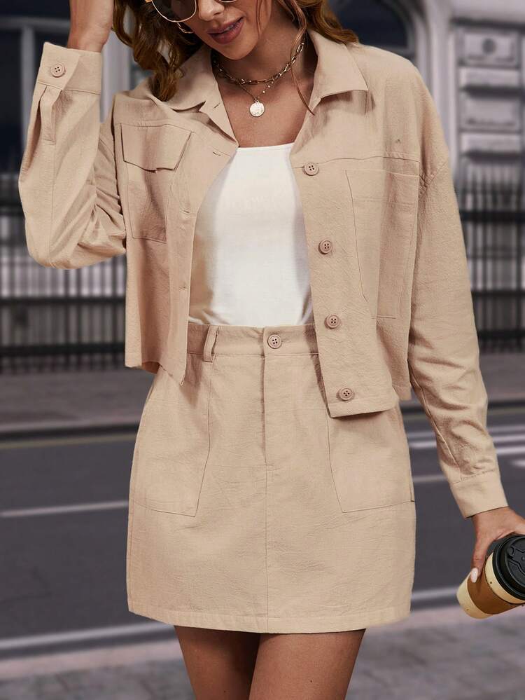Drop Shoulder Flap Pocket Jacket & Skirt