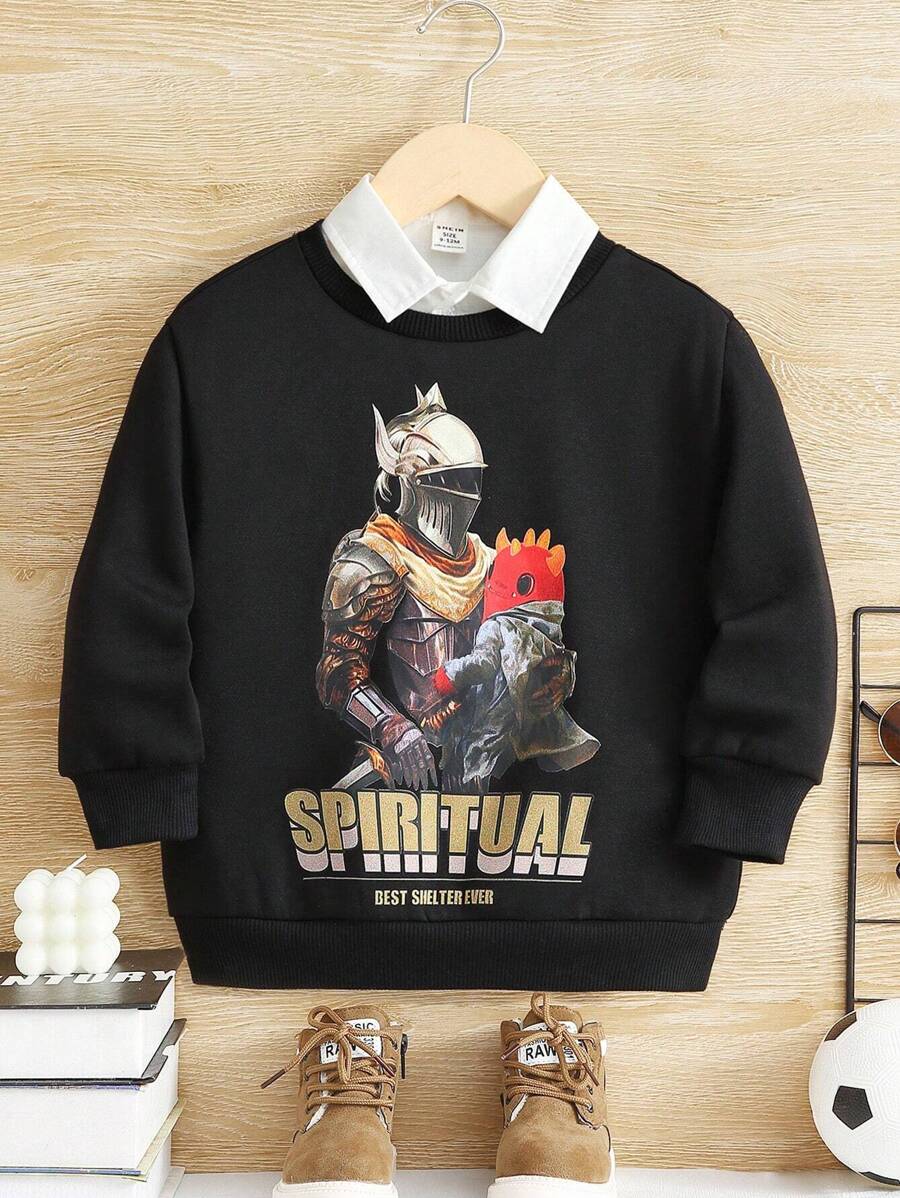 SHEIN 年輕男孩標語和人物圖案運動衫無襯衫 - 黑色 - 查看 1