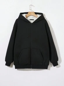 SHEIN EZwear 秋冬款落肩拉链保暖连帽衫 - 黑與白 - 查看 5
