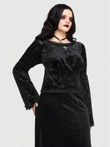 ROMWE PUNK Plus Lace Trim Velvet Tee - Black - View 4
