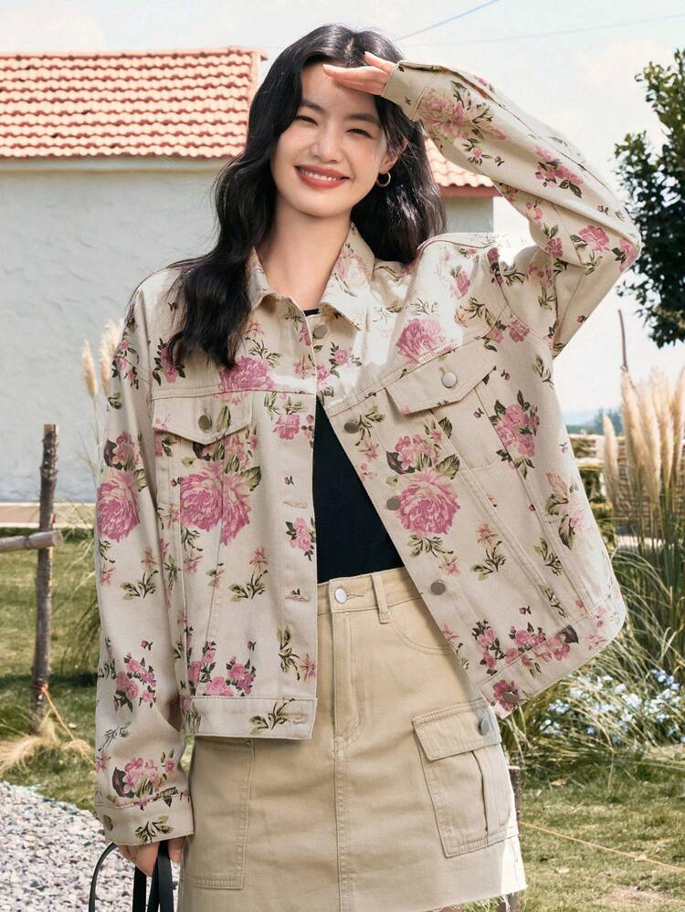 Floral Print Drop Shoulder Flap Pocket Denim Jacket