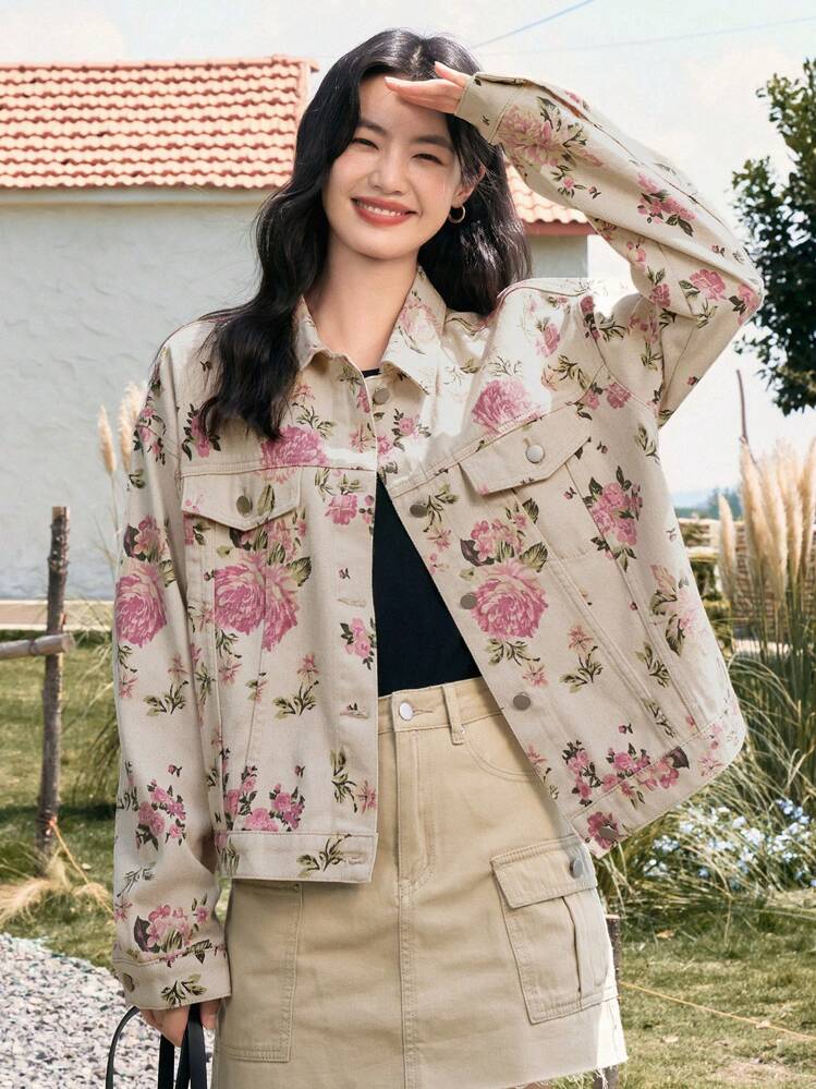 DAZY Floral Print Drop Shoulder Flap Pocket Denim Jacket | SHEIN USA