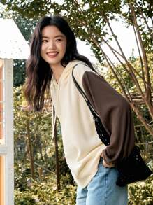 DAZY Áo hoodie dây rút hở vai phối màu, quần áo mùa thu - Nhiều màu - Xem 2