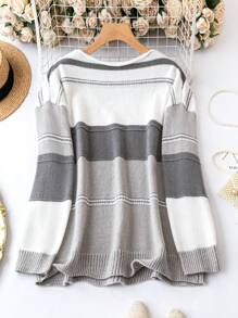 SHEIN LUNE Plus Color Block Drop Shoulder Sweater Knit Pullover Fall Winter Autumn Sweater - Multicolor - View 2