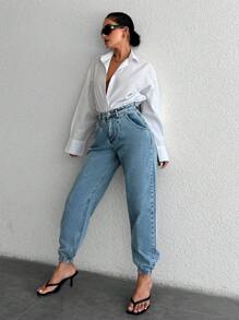 EURMUSE High Waist Jogger Jeans - Light Wash - View 5