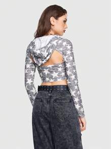 Grunge Punk Camiseta estampado de cráneo crop con capucha - Multicolor - Ver 2