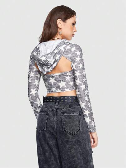 Grunge Punk Camiseta estampado de cráneo crop con capucha