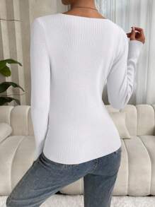 EMERY ROSE Solid Ribbed Knit V Neck Sweater,Long Sleeve Tops Knit Pullover Fall Winter Sweater - White - View 2