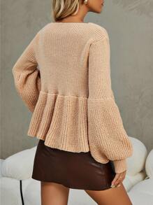 SHEIN Clasi Lantern Sleeve Peplum Hem Knit Pullover Fall Winter Sweater - Khaki - View 2