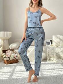 Butterfly Print Satin PJ Set / Pajama Set - Dusty Blue - View 4