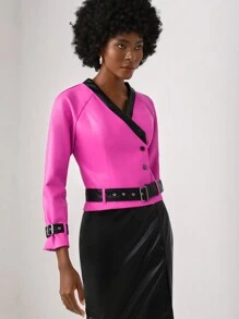 LARA SERRANO 拼接邊插肩袖金屬扣環腰帶夾克 - 粉色 - 查看 3
