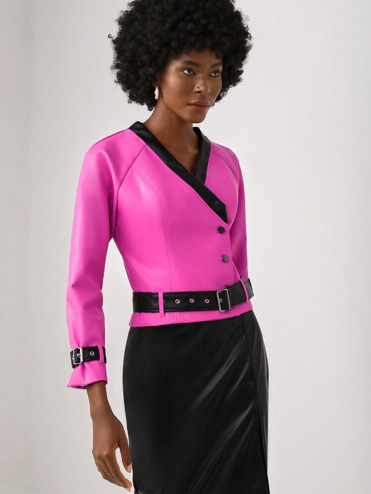 LARA SERRANO 拼接邊插肩袖金屬扣環腰帶夾克 - 粉色 - 查看 3