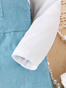 SHEIN Young Girl Ruffle Trim Tee & Letter Patched Overall Dress - White - View 5