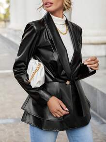 SHEIN Privé Khăn quàng Nút đơn Bằng sáng chế Áo vest - màu đen - Xem 3