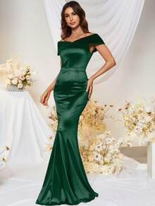 MUXXN Off Shoulder Mermaid Hem Satin Formal Dress, Elegant Prom Evening Wedding Guest Gown, For Graduation, Dinner - Dark Green - View 3