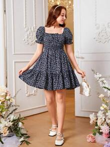 SHEIN 青少年女孩碎花泡泡袖荷葉邊洋裝 - 藏蓝色 - 查看 4