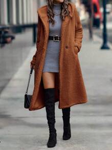 SHEIN LUNE Double Breasted Hooded Teddy Coat - Rust Brown - View 4