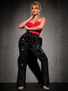 SHEIN SXY High Waist Sequin Flare Leg Pants - Black - View 5