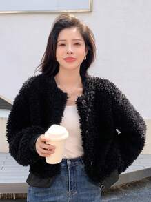 DAZY Solid Button Front Teddy Bomber Jacket - Black - View 1
