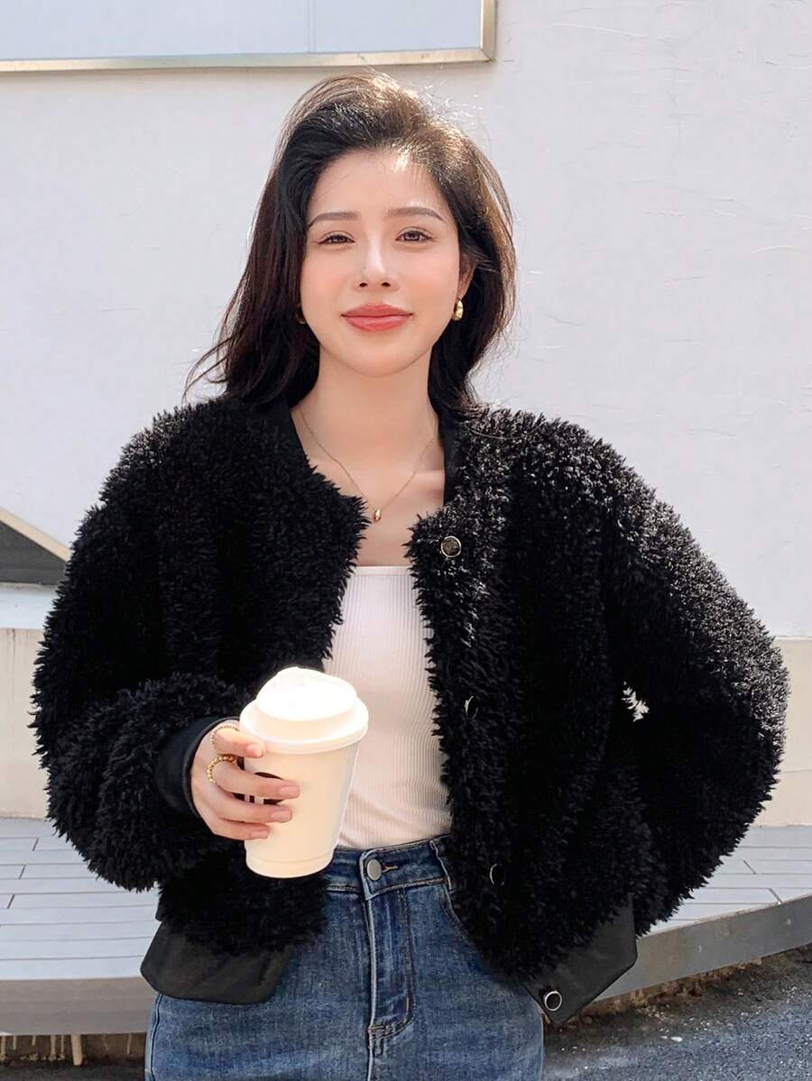 DAZY Solid Button Front Teddy Bomber Jacket - Black - View 1