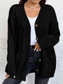 SHEIN Clasi Plus Drop Shoulder Pocket Patched Cardigan, For Winter Fall