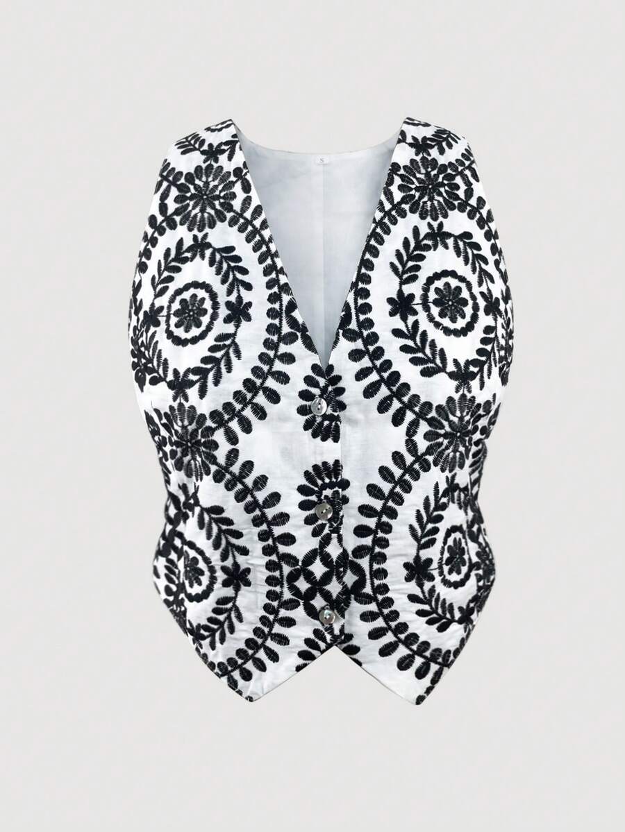 SHEIN MOD Top tank con estampado floral con botón delantero - Negro - Ver 1