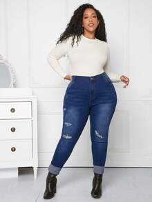 SHEIN CURVE+ Talla grande Jeans ajustados desgarro - Azul lavado oscuro - Ver 6