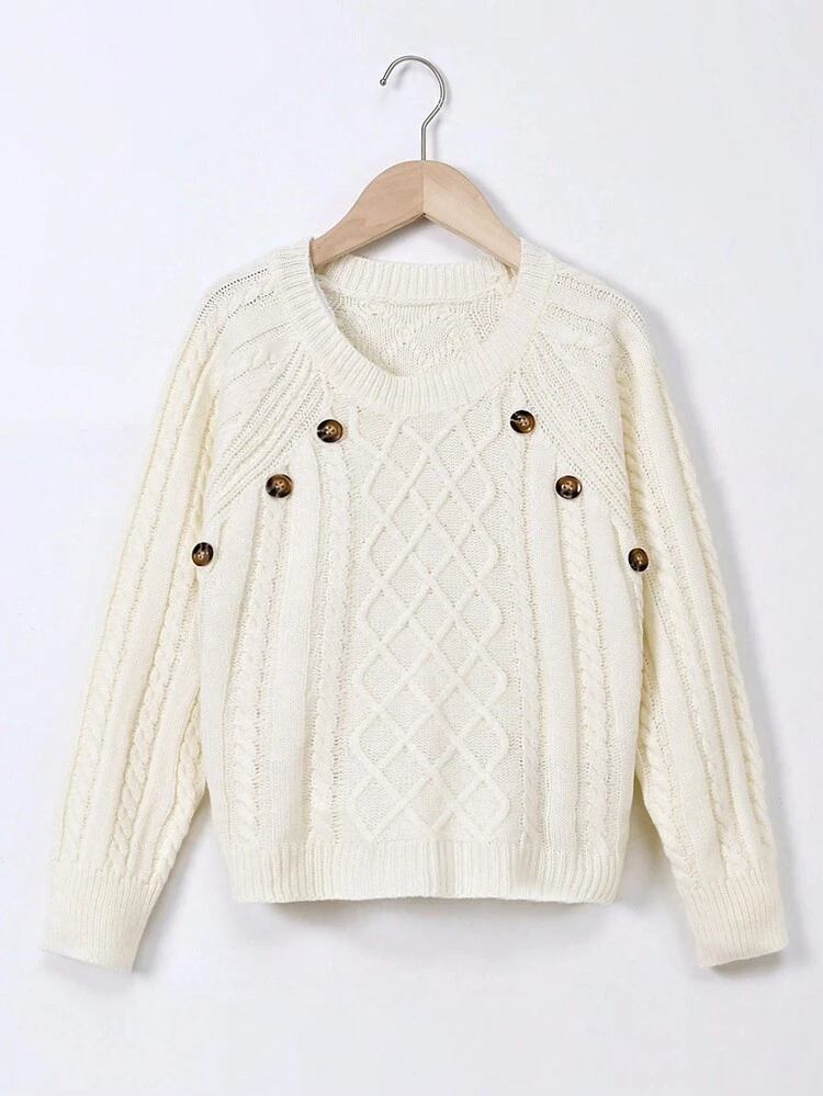 Tween Girl Button Detail Cable Knit Raglan Sleeve Sweater