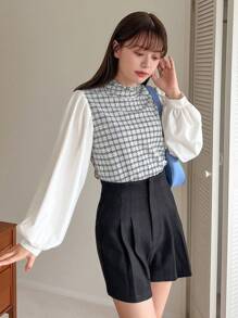 FRIFUL 格纹印花荷叶边灯笼袖衬衫长袖上衣 - 黑與白 - 查看 6