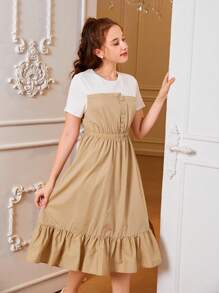 SHEIN Teen Girl Two Tone Ruffle Hem Dress - Khaki - View 3