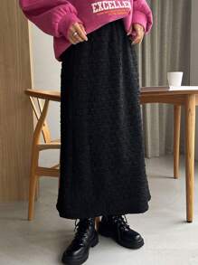 FRIFUL 女士纯黑色纹理泡泡面料弹力腰无口袋直筒半身裙，百搭显瘦