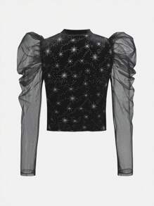 Thiếu niên cô gái In Ngân hà Lưới tương phản Tay áo Nhung Áo thun Đối với Giáng sinh - màu đen - Xem 2