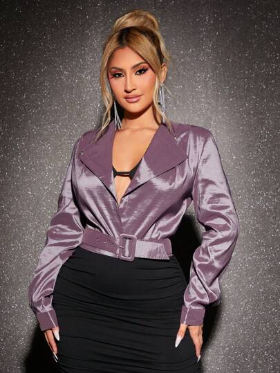 SHEIN SXY Lapel Neck Belted Satin Jacket