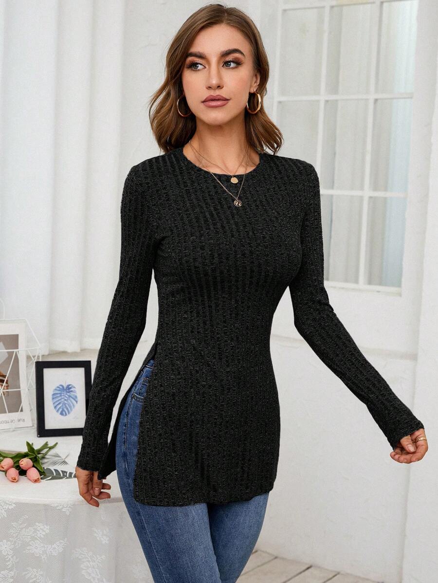 SHEIN Frenchy Viền chia cắt Đồ đan Ribbed Áo thun - màu đen - Xem 1