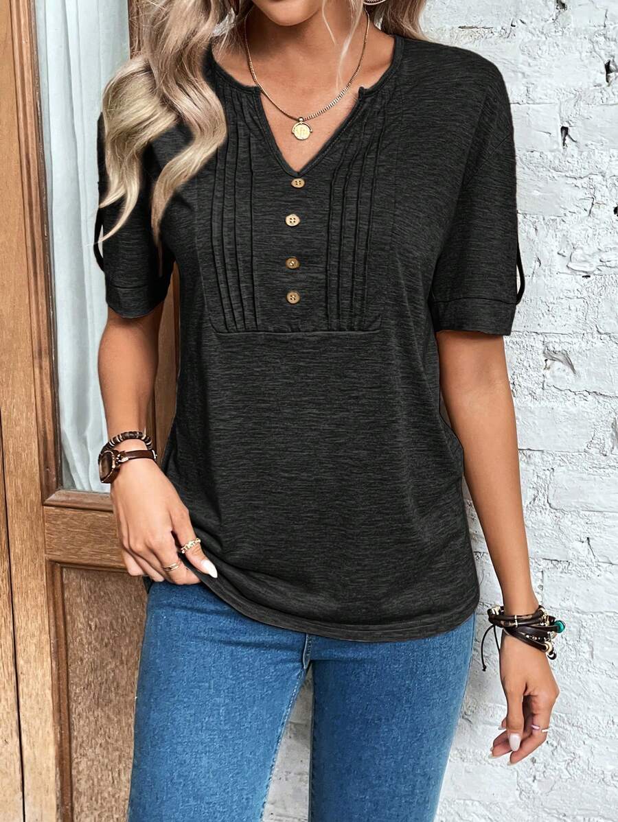 SHEIN LUNE Nhấn vào nếp gấp Chi tiết Đường viền cổ có rãnh Áo thun - màu đen - Xem 1