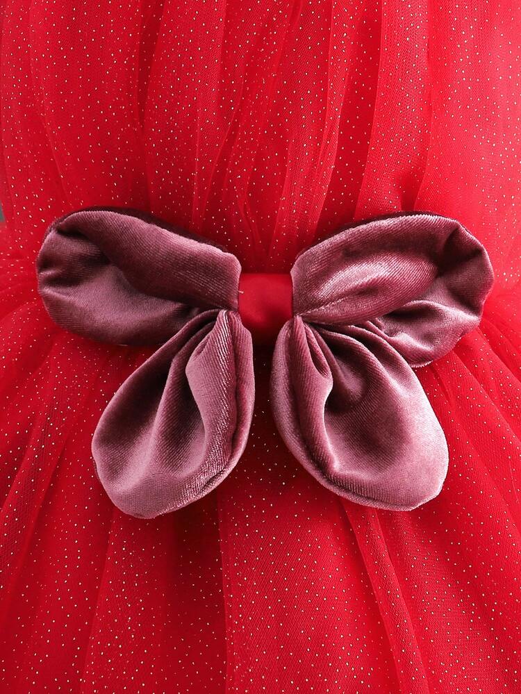 Tween Girl Bow Front Mesh Overlay Gown Dress for Christmas